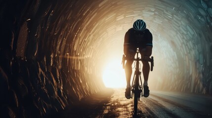 A solitary cyclist rides through a dark, eerie tunnel, illuminated from behind by a bright light creating a dramatic silhouette, emphasizing the journey and determination.