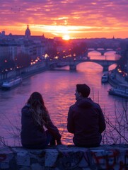 Wall Mural - Couple watching the sunset over the city. AI.