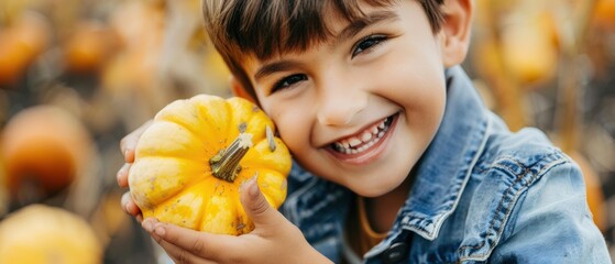 Canvas Print - A young boy smiles while holding a small pumpkin. AI.