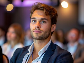 Poster - A young man in a suit looks at the camera. AI.