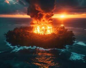 Canvas Print - A small island engulfed in flames at sunset. AI.