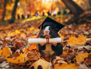 Poster - A small animal wearing a graduation cap and holding a diploma. AI.