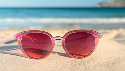 Poster - cropped view of rose colored sunglasses with beach in the background