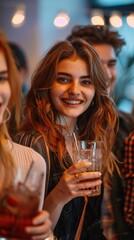 Wall Mural - Woman smiling and holding a glass with a drink. AI.