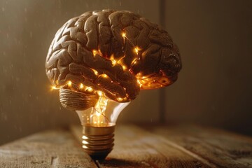 Poster - Brain shaped filament inside a light bulb highlighting advanced technology and creative innovation in a rustic setting.