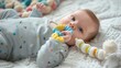 © Prostock-studio - A baby lies on a soft blanket, exploring colorful teething toys with curiosity and joy.