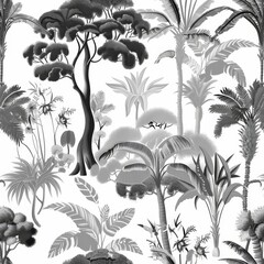 Wall Mural - Seamless pattern with monochrome jungle trees and plant. AI