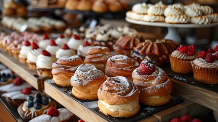 A display of pastries with a variety of flavors and toppings