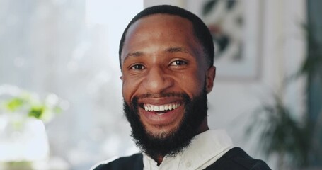 Sticker - Happy, business and face of black man in office with company pride, confidence and smile. Creative workspace, startup agency and portrait of worker laughing for career, job opportunity and work