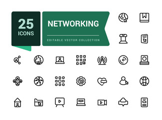 Poster - Set of Networking line icons related to internet, connection, traffic, cloud, server. Minimal outline icon collection. Editable stroke. Vector illustration.