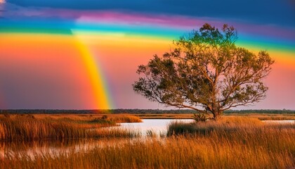 Wall Mural - delightful illustration of rainbow over singular tree in colorful marshland during sunset generative a i art