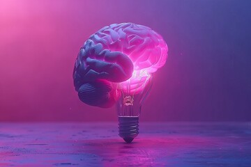 Sticker - Pink neon brain light bulb highlighting futuristic technology and creative innovation in a dark setting.