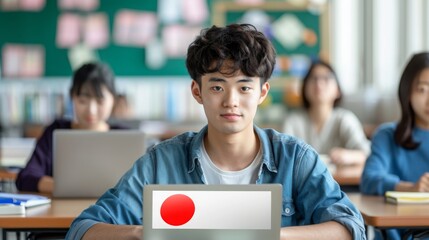Aufkleber - A student focused on his laptop during a class in a Japanese school, with peers seated at nearby desks.