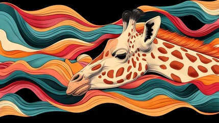 Wall Mural -  Giraffe resting on vibrant waves against black backdrop