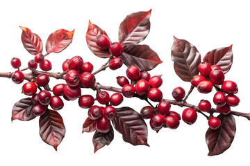 Wall Mural - Close-up of Vibrant Red Coffee Cherries on Branch with Dark Green Leaves