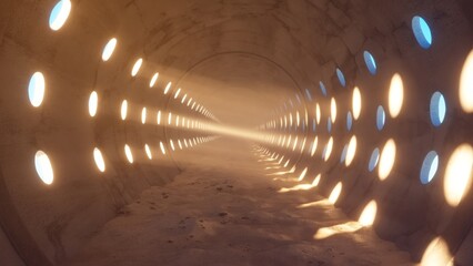 Poster - 3d tunnel with circular lights and dust on the floor