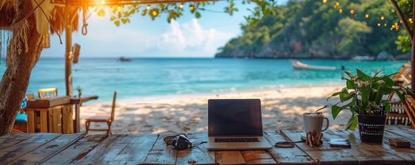 Wall Mural - Digital nomad working from a rooftop coworking space with panoramic city views, remote work, inspiring environment