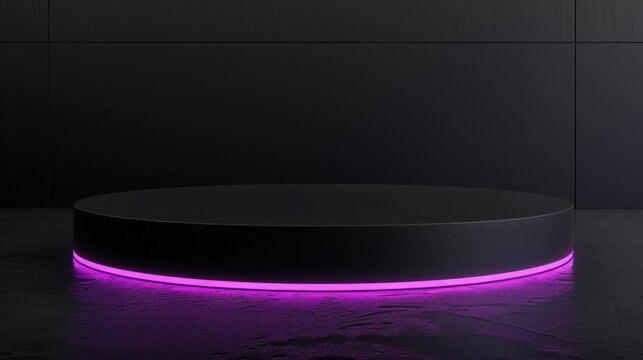 Chic black pedestal with purple neon glow lines, perfect for a sophisticated product display.