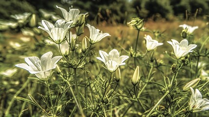 Poster -  A sea of green grass dotted with white flowers stretches into the distance, framed by towering trees and lush bushes