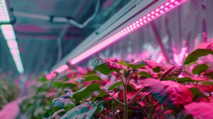 Poster - Close-up of leafy green plants growing under a series of bright pink LED lights in an indoor setting.