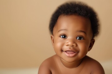 A close-up portrait of a happy baby boy with dark skin and curly hair.