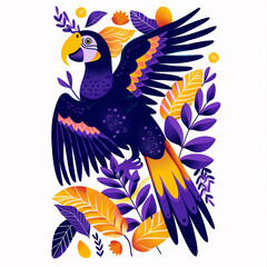 illustration of a colorful bird with a yellow beak and purple wings