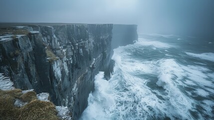 Wall Mural - Coastal cliff with waves crashing against the rocks, dramatic seascape