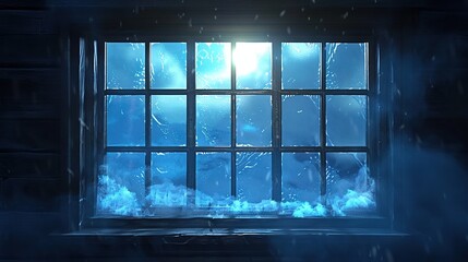 Sticker -   Dark room window with blue smoke and bright light