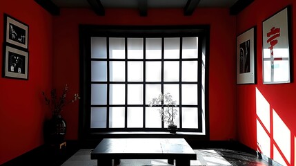 Poster -   A red-walled room features a table in front of a window, topped by a potted plant