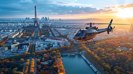 A high-resolution photograph of a luxurious private helicopter tour, featuring a sleek helicopter flying over iconic landmarks like the Eiffel Tower, with the stunning cityscape of Paris in the backgr