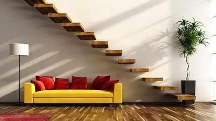 Poster -   A well-lit living room featuring a vibrant yellow couch positioned near a grand staircase, and accentuated by an elegant potted plant perched on a nearby wall