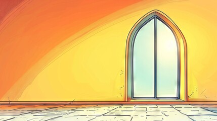 Wall Mural -   A picture of a space featuring a grand window, tiled ground, and a yellow wall with an arched window