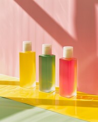 Three colorful bottles of liquid soap on a yellow surface against a pink wall with sunlight casting shadows.