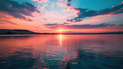 A scenic sunset background showcasing a stunning sky with hues of orange, pink, and purple, as the sun dips below the horizon, casting a warm glow over a calm river, creating a dramatic and beautiful