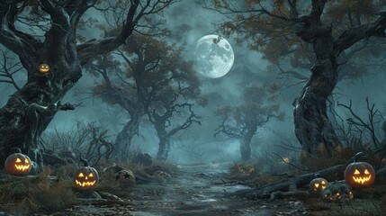 Wall Mural - a spooky halloween background featuring a dark, eerie forest with twisted, leafless trees, a full mo