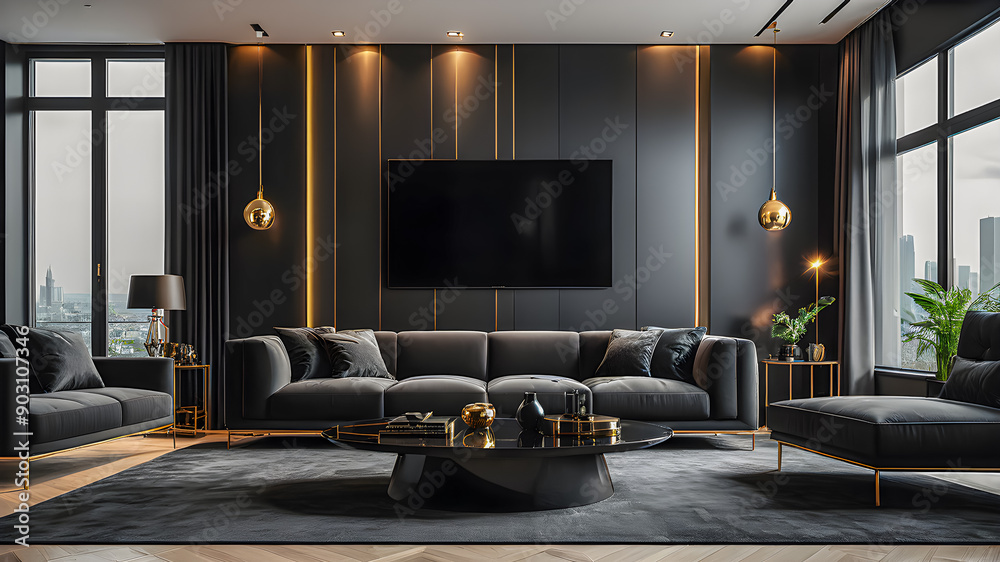 Modern interior design of a living room in apartment, house, black sofa ...