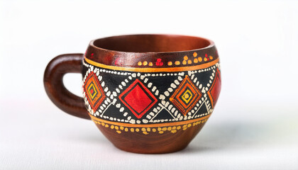 Handmade wooden cup painted in colorful ethnic style on white background. Natural material.