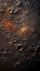 Wall Mural - close-up view of a cratered, rocky surface with an orange glow in the background. the surface is tex