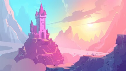 Sorcerers tower flat design side view mystical theme animation colored pastel