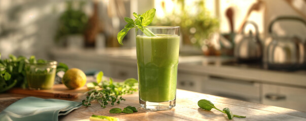 Wall Mural - A glass of healthy green smoothie with fresh basil leaves and microgreens on a kitchen table