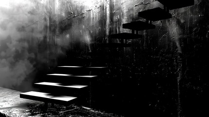 Poster -   A monochrome image of ascending steps that lead to a murky chamber with wisps of smoke emanating from the ceiling