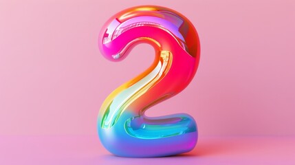 Colorful metallic number 2 two on pink background, modern art design concept