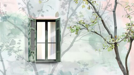 Wall Mural -   A window with green shutters, a tree with green leaves in front of a pastel wall, and a tree in the foreground