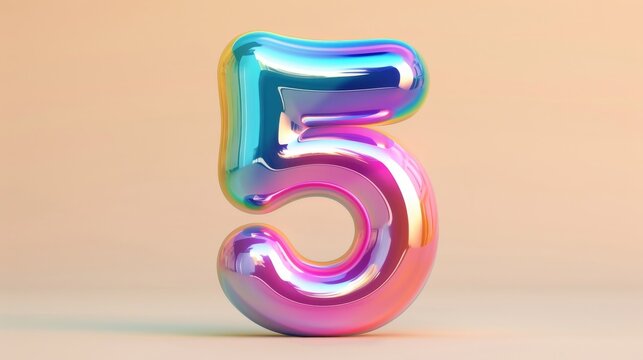 Multicolored balloon number 5 five on a pastel background, 3D rendering. Celebration and birthday concept