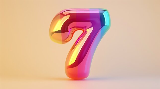 Colorful 3D number 7 seven on a beige background, digital illustration. Modern abstract design concept