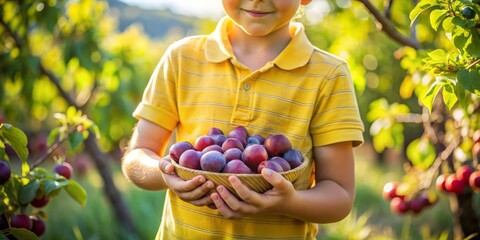 Ripe plums in the child's arms