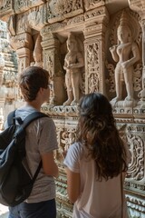 Classmates Exploring Ancient Temple Carvings for Religious Significance and Cultural Heritage