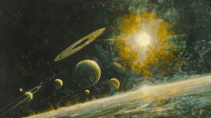 Poster -   Painting of solar system with planets in foreground and sun centrally located