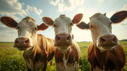 Three curious cows in a sunny field, close-up shot. Agricultural and farming life concept