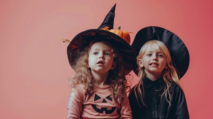 Wall Mural - Two young girls wearing witch hats and costumes are posing for a picture